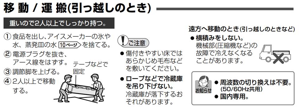 冷蔵庫運搬時の注意
